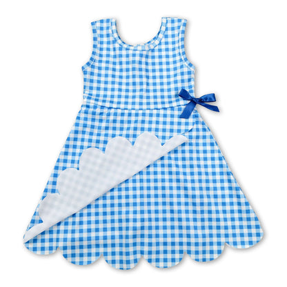 Sleeveless light blue plaid scallop kids girls athletic dresses