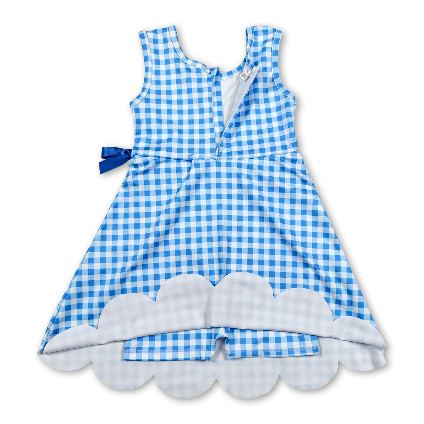 Sleeveless light blue plaid scallop kids girls athletic dresses