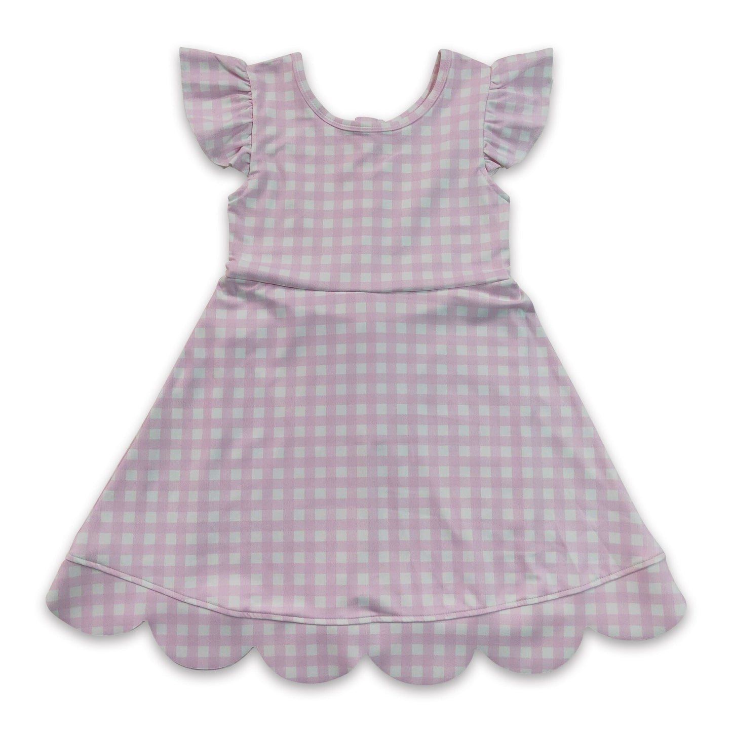 Pink plaid flutter sleeves scallop kids girls athletic dress