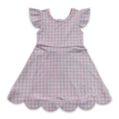 Pink plaid flutter sleeves scallop kids girls athletic dress