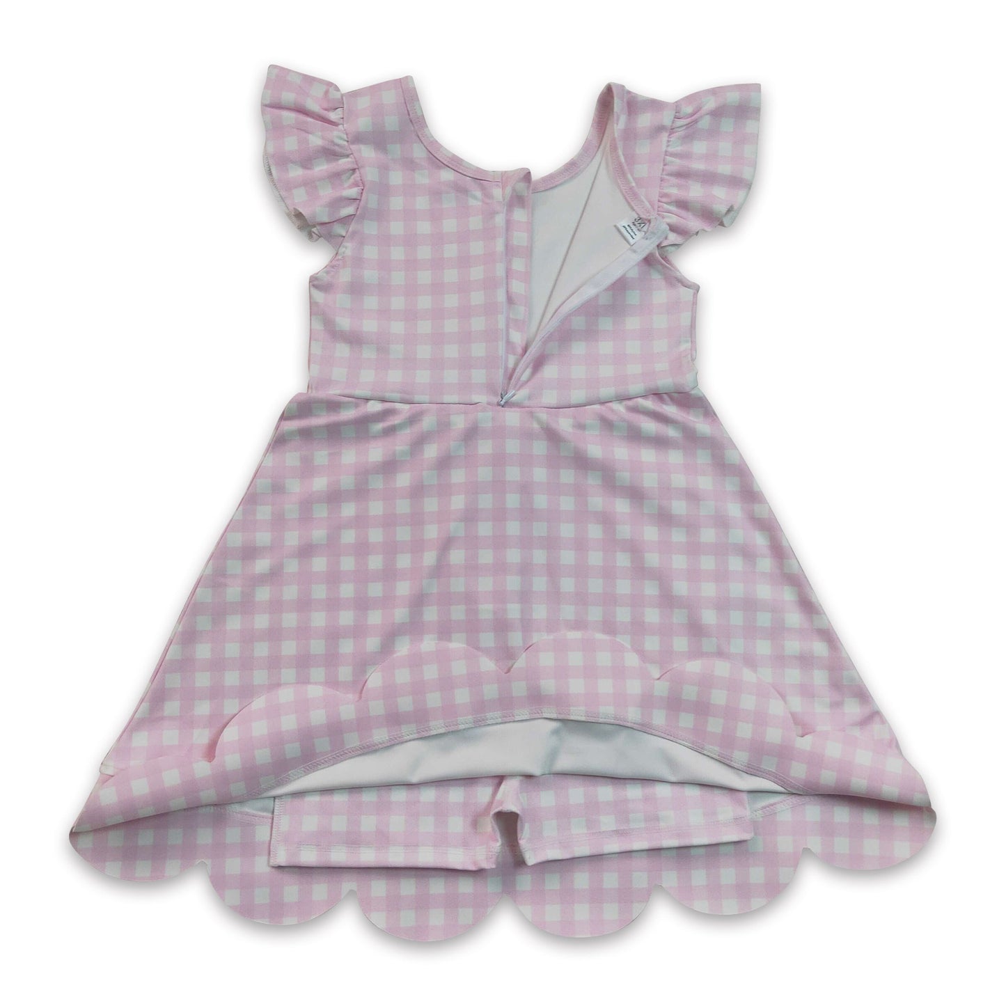 Pink plaid flutter sleeves scallop kids girls athletic dress