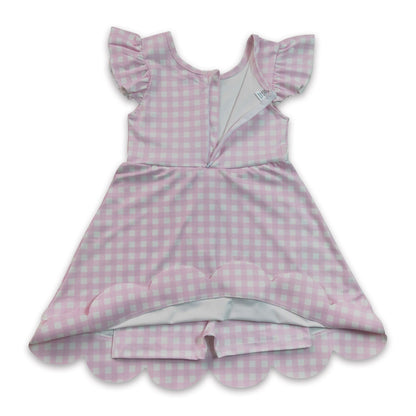Pink plaid flutter sleeves scallop kids girls athletic dress