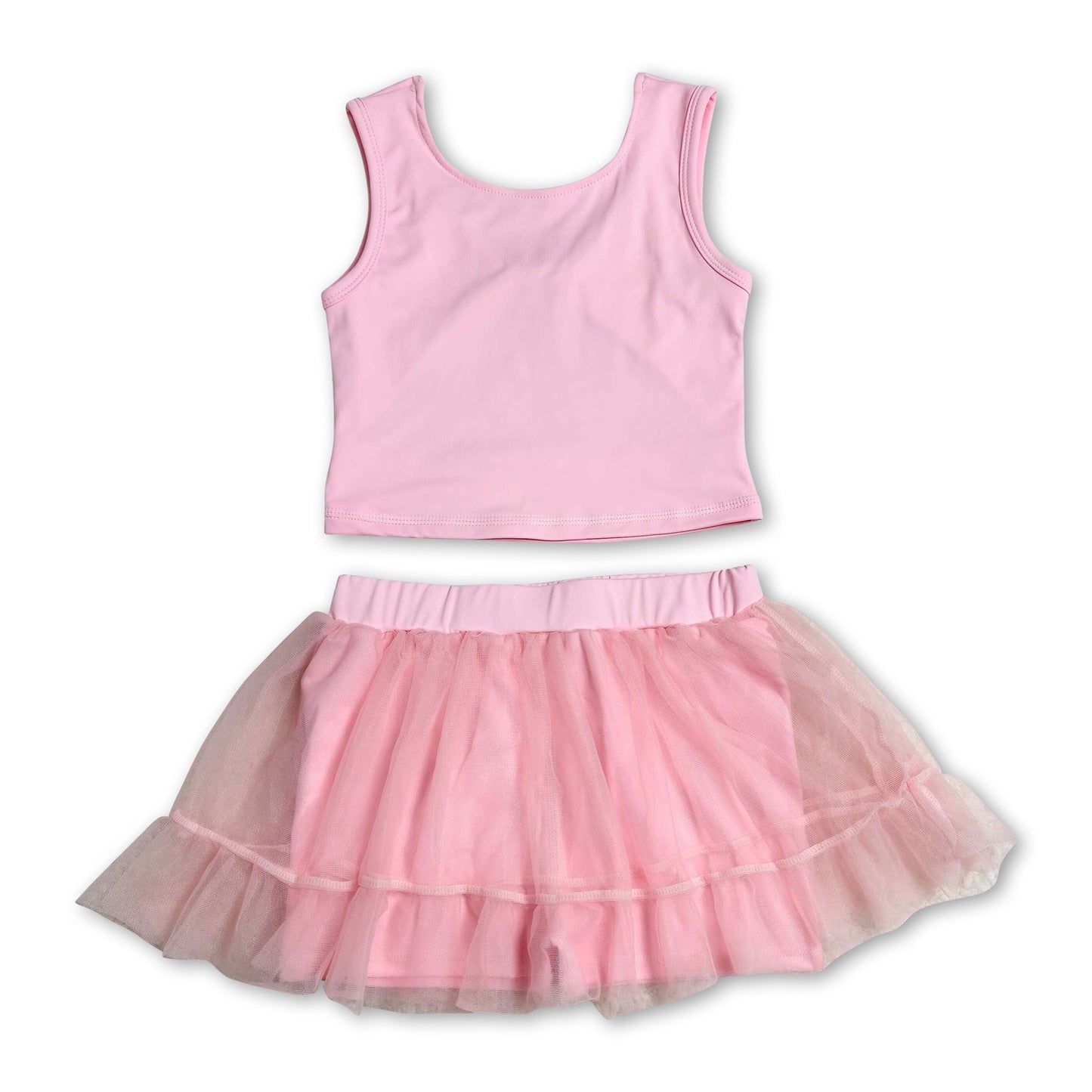 Pink sleeveless backless top tulle skirt girls active wear set