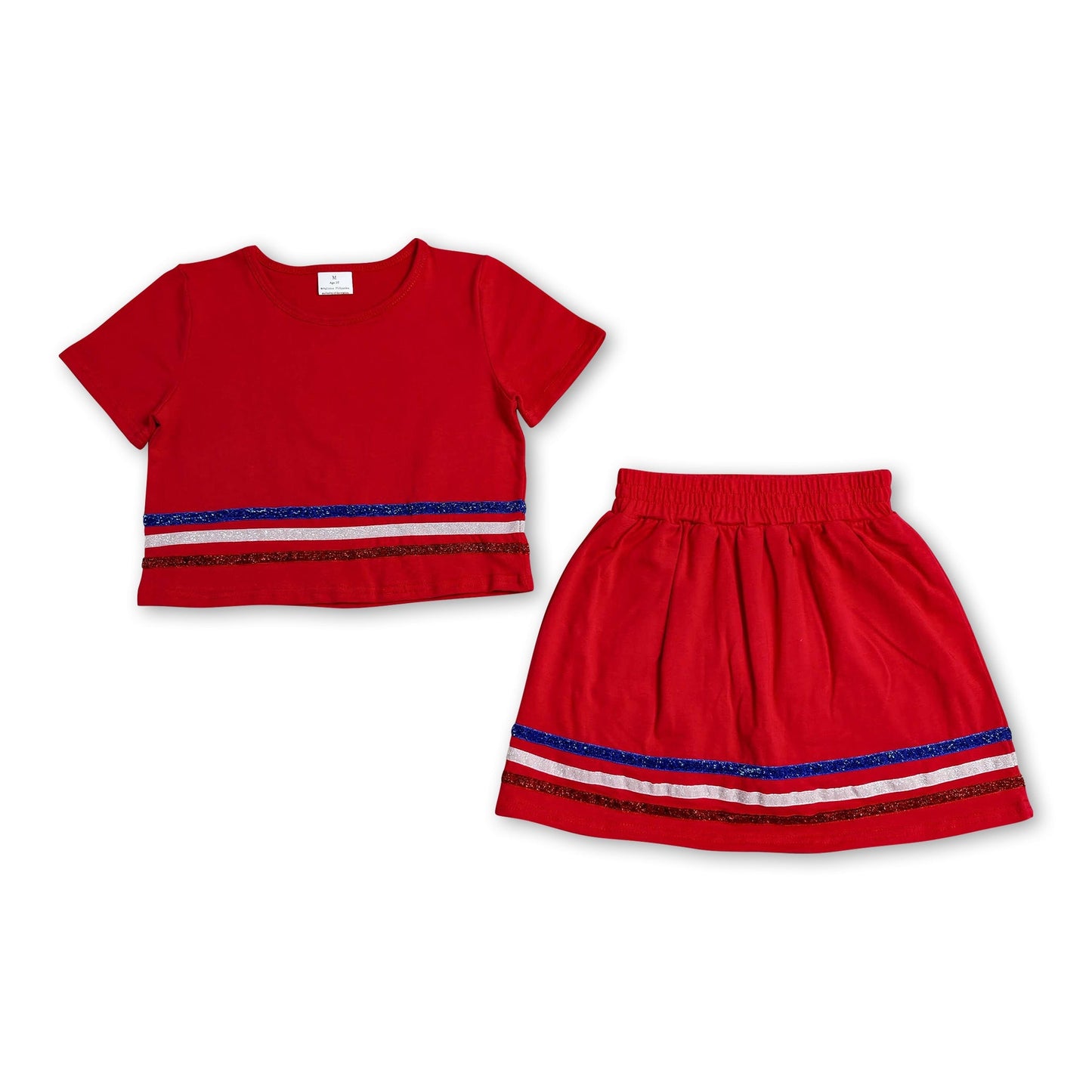 Red short sleeves stripe cotton top skirt kids girls outfits