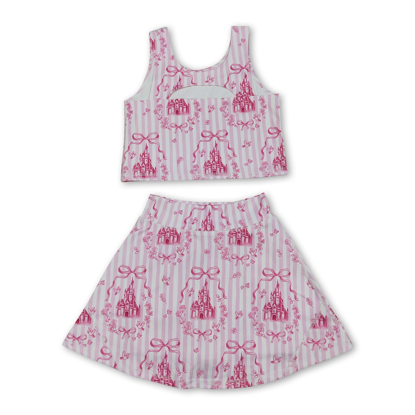 Pink stripe castle crop top bow skirt girls summer active set