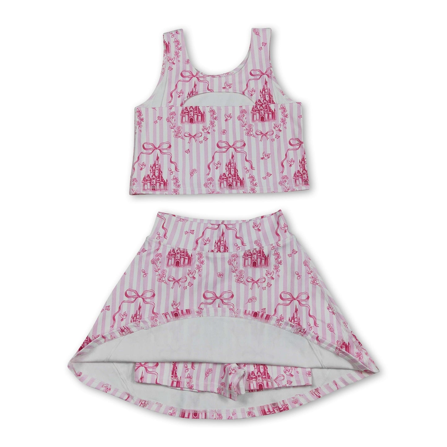 Pink stripe castle crop top bow skirt girls summer active set