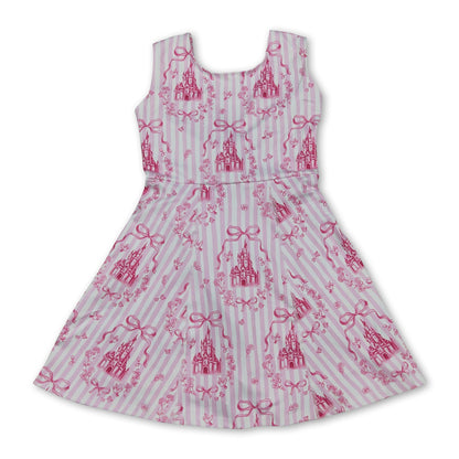 Pink sleeveless stripe bow castle girls athletic dresses