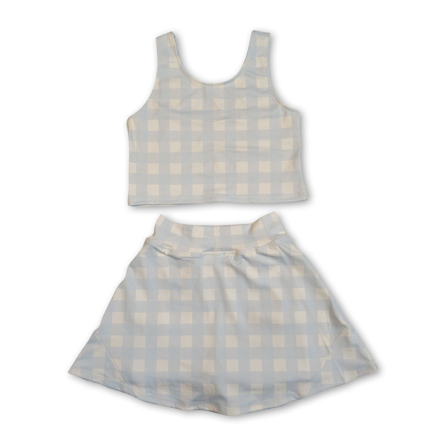 Sleeveless sky blue plaid crop top skirt kids girls activewear set