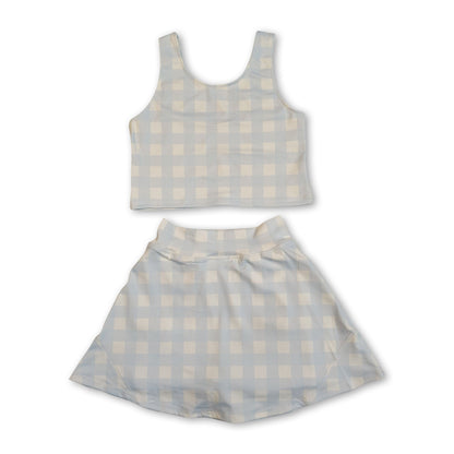 Sleeveless sky blue plaid crop top skirt kids girls activewear set