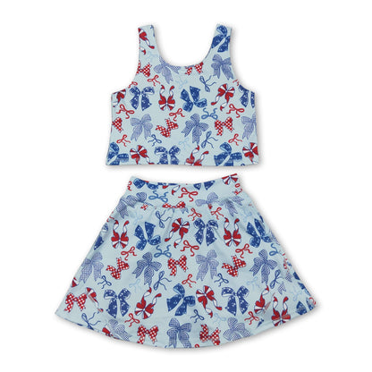 Red blue bow top skirt girls 4th of july active wear set