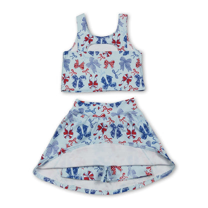 Red blue bow top skirt girls 4th of july active wear set