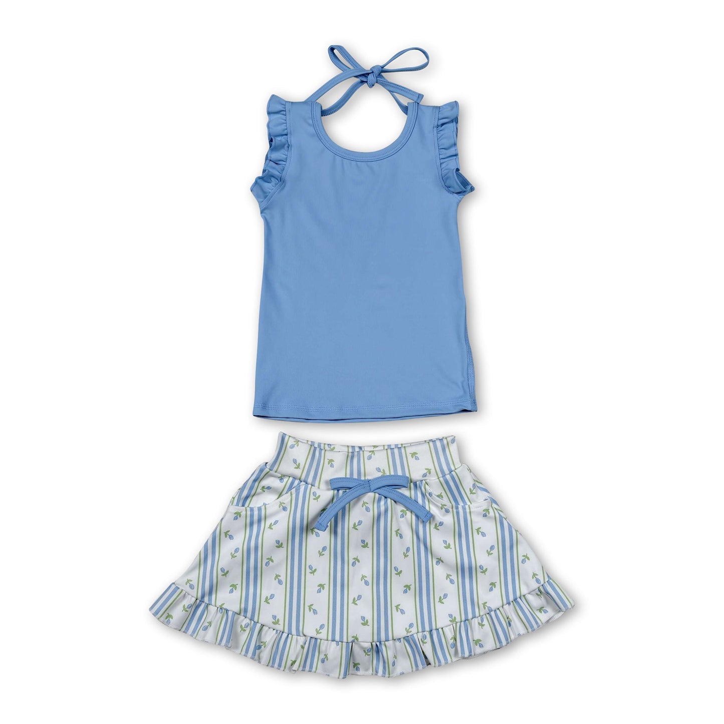 Sleeveless ruffle top floral stripe skirt girls active set