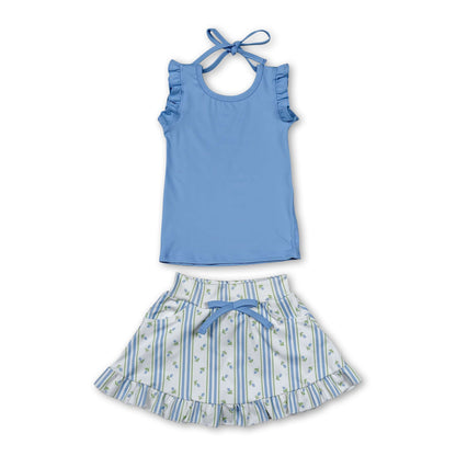 Sleeveless ruffle top floral stripe skirt girls active set