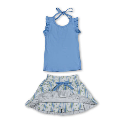 Sleeveless ruffle top floral stripe skirt girls active set