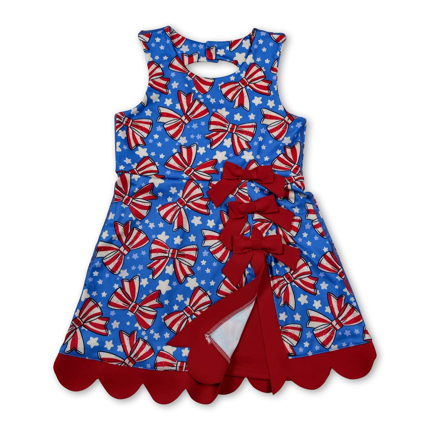 Sleeveless stripe bow stars girls 4th of july athletic dress