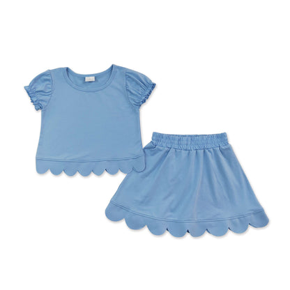 Light blue short sleeves scallop top skirt girls summer set