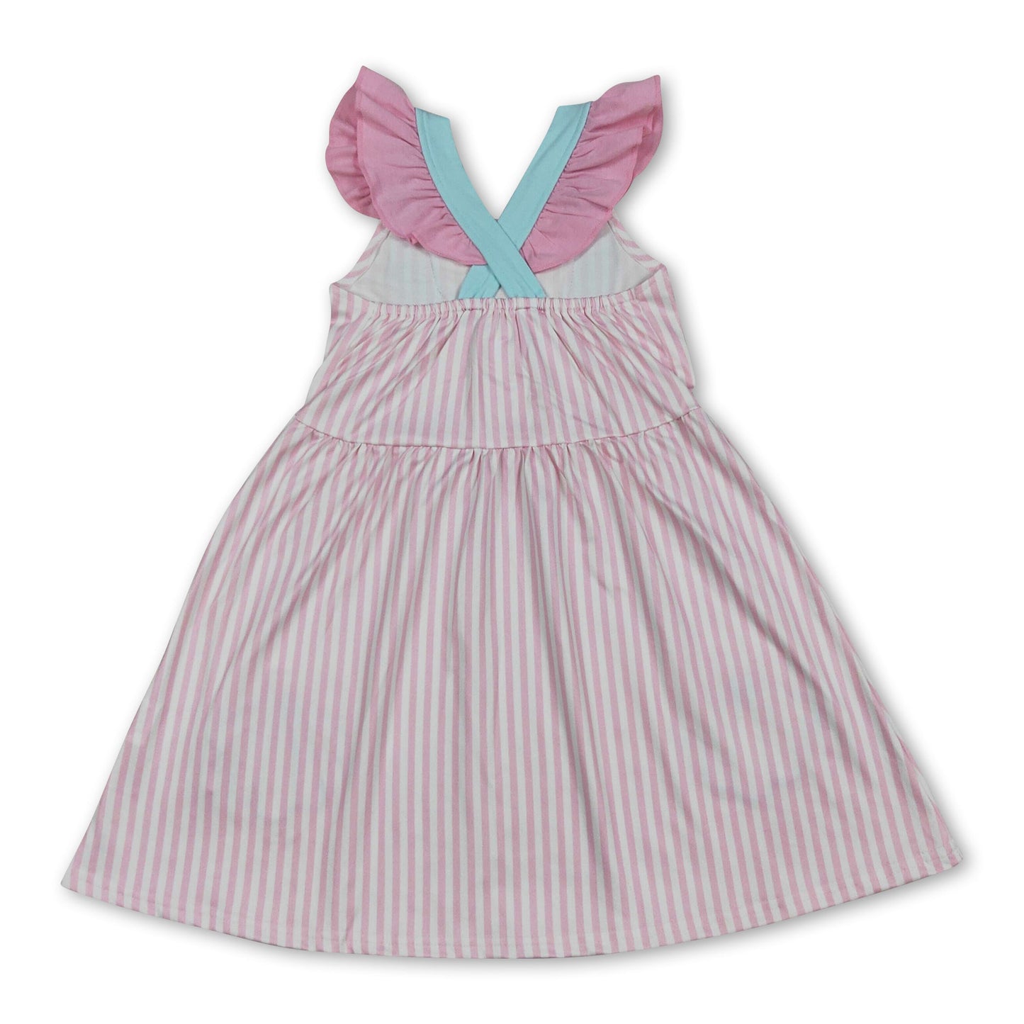 Flutter sleeves shell bow embroidery stripe girls dresses