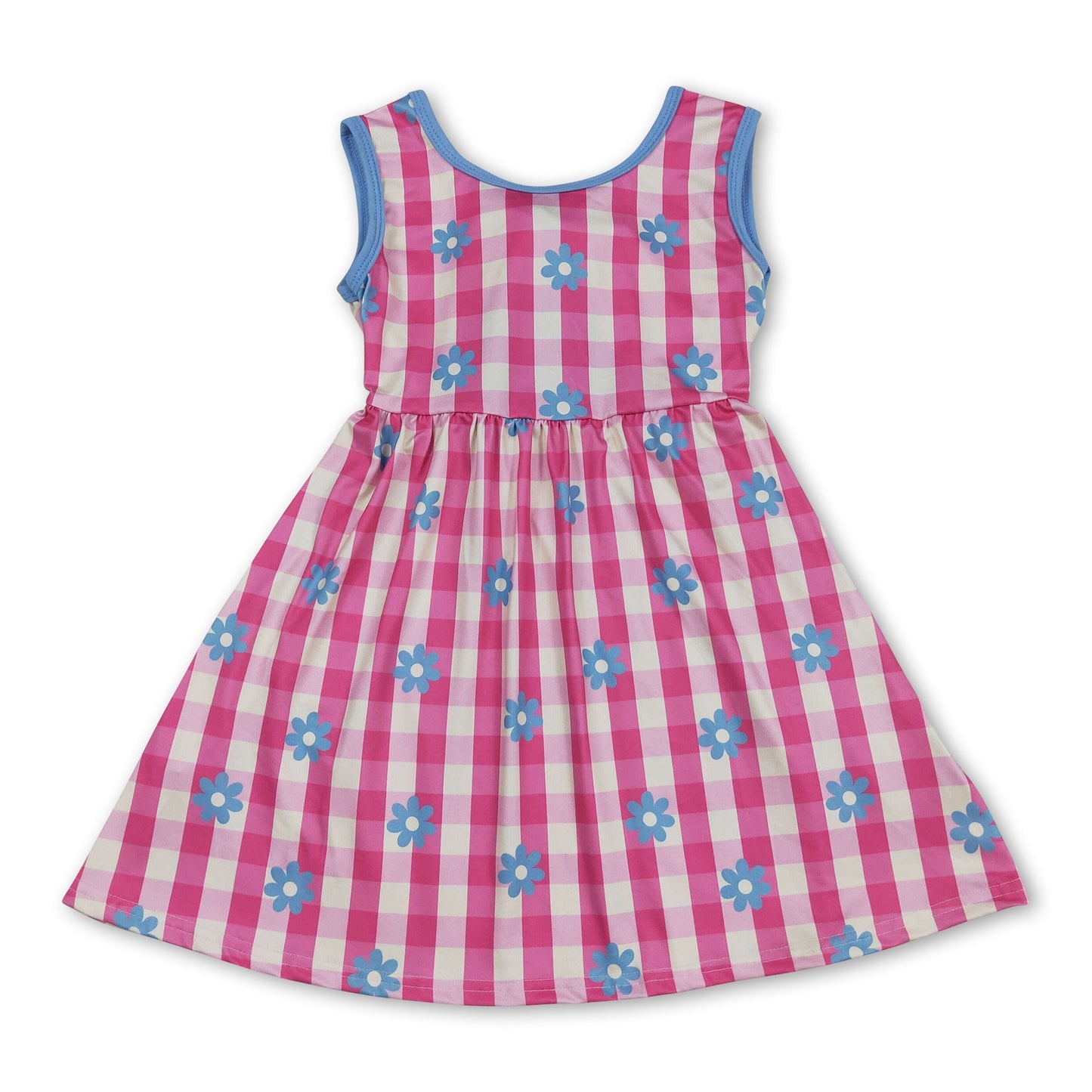 Hot pink plaid floral sleeveless kids girls dresses