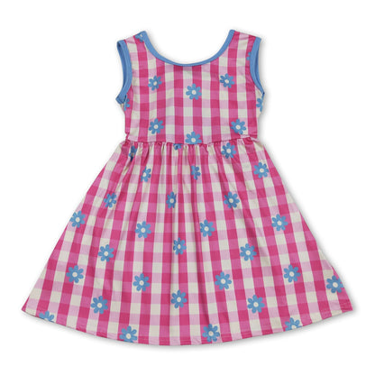 Hot pink plaid floral sleeveless kids girls dresses