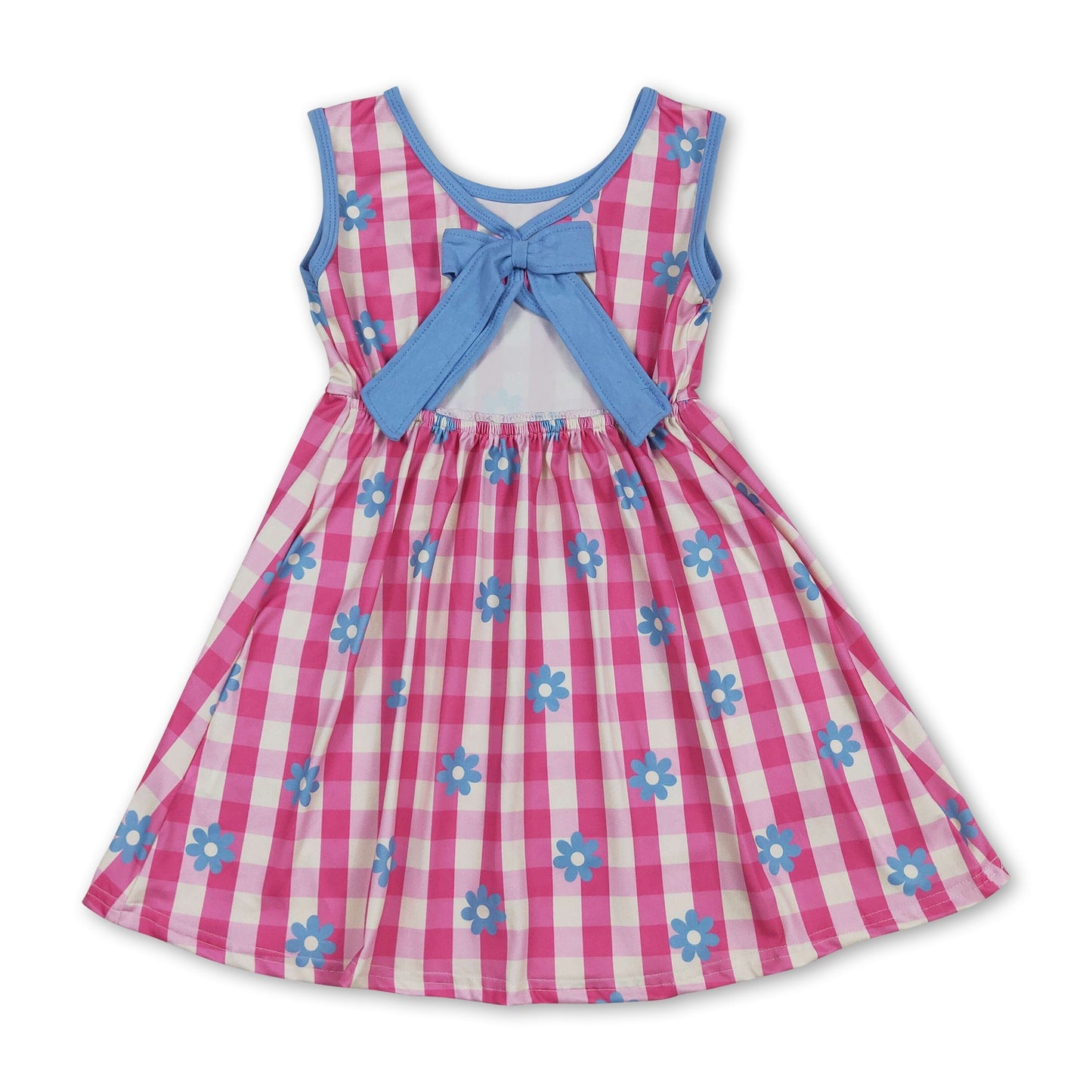 Hot pink plaid floral sleeveless kids girls dresses