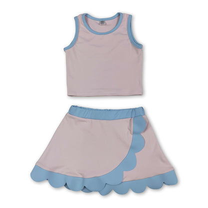 Sleeveless light pink blue scallop kids girls active wear set