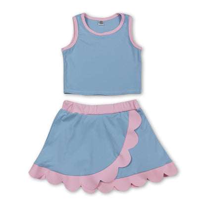 Sleeveless light blue pink scallop kids girls active wear set