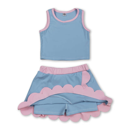 Sleeveless light blue pink scallop kids girls active wear set