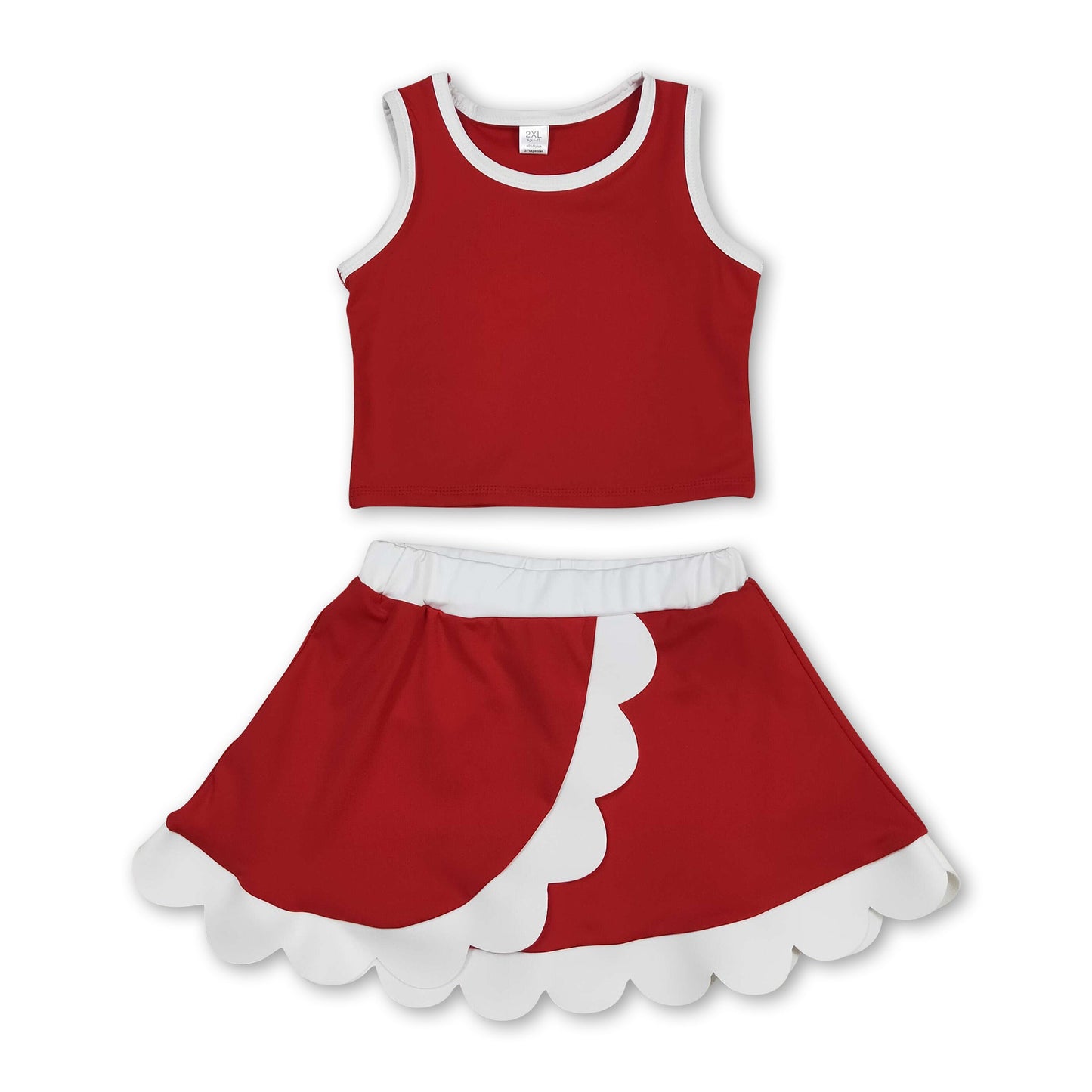 Sleeveless red white scallop girls team active wear set
