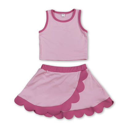 Sleeveless pink hot pink scallop kids girls active wear set