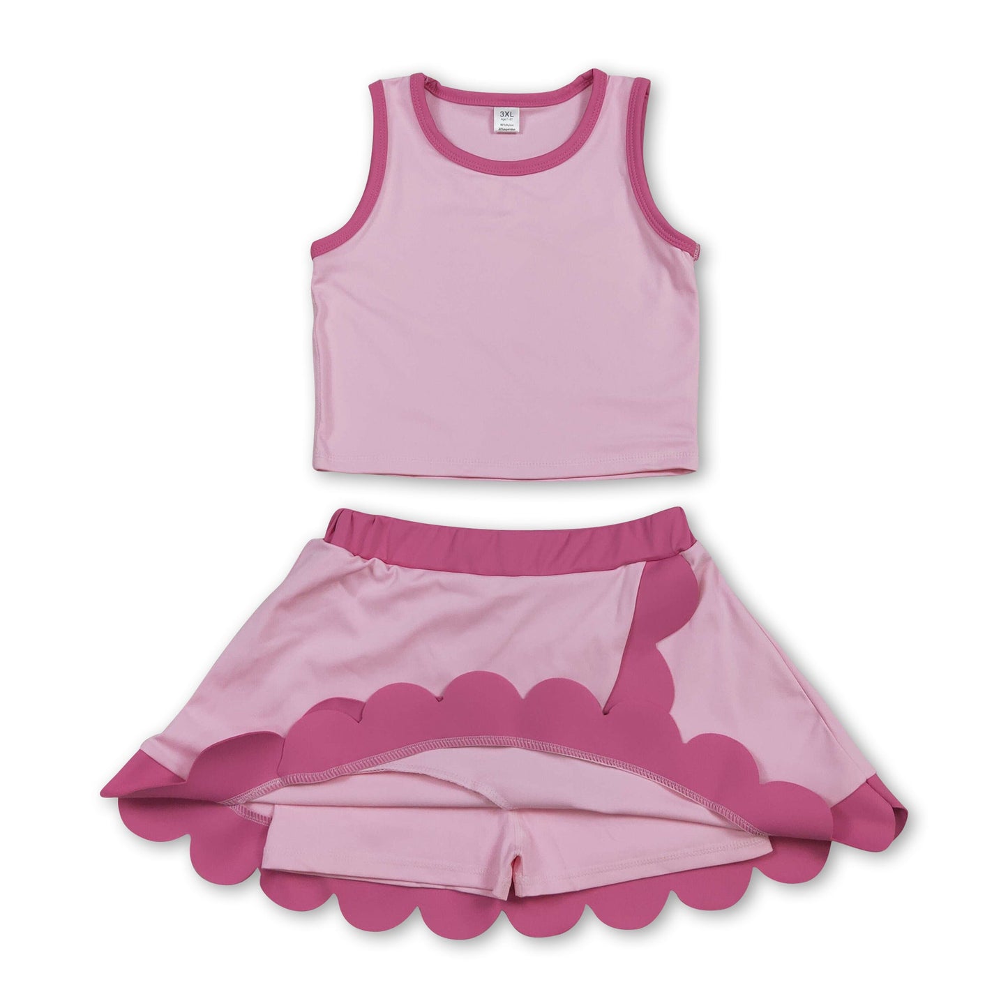 Sleeveless pink hot pink scallop kids girls active wear set