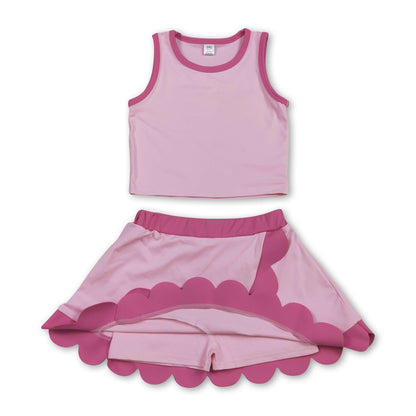 Sleeveless pink hot pink scallop kids girls active wear set