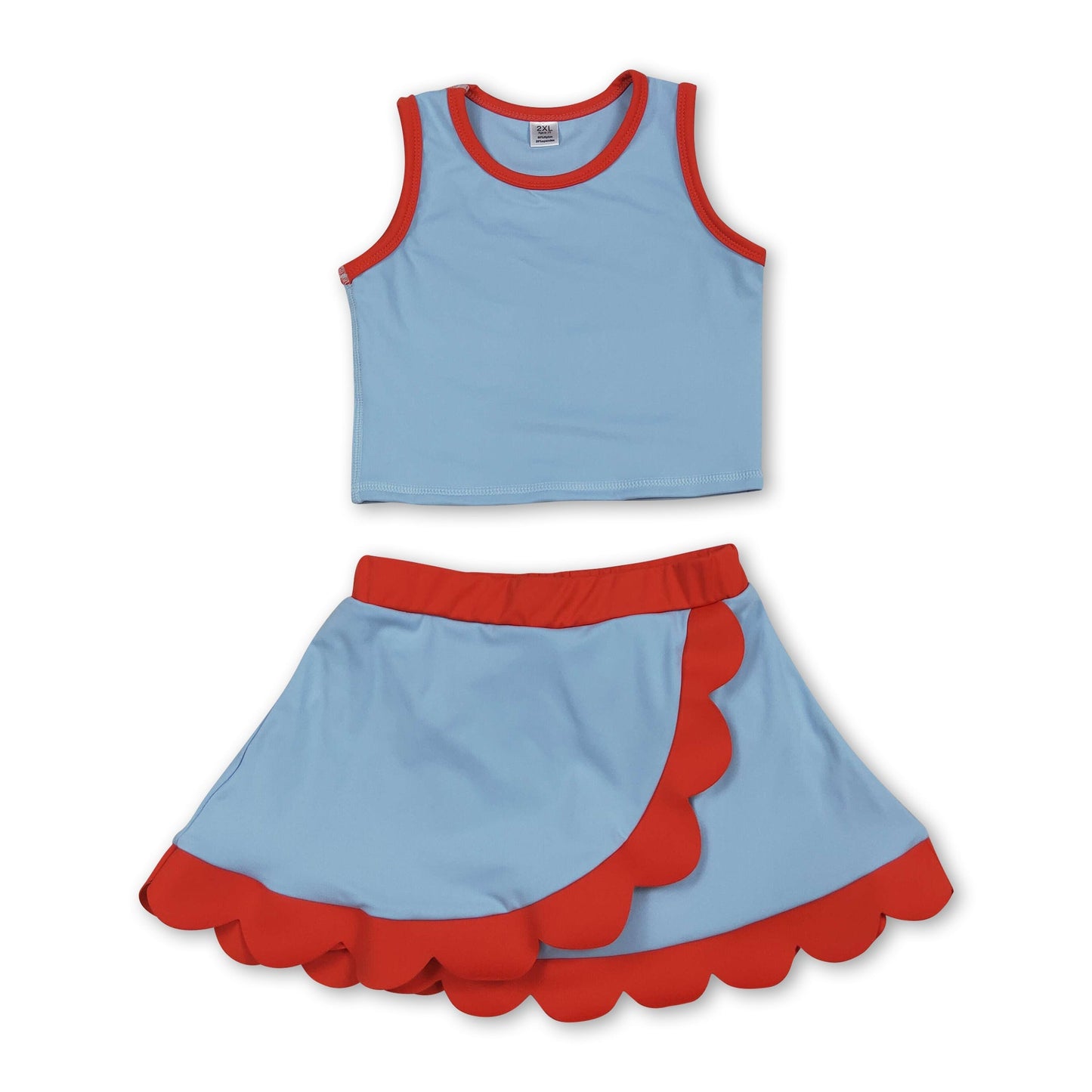 Sleeveless light blue orange scallop kids girls active wear set