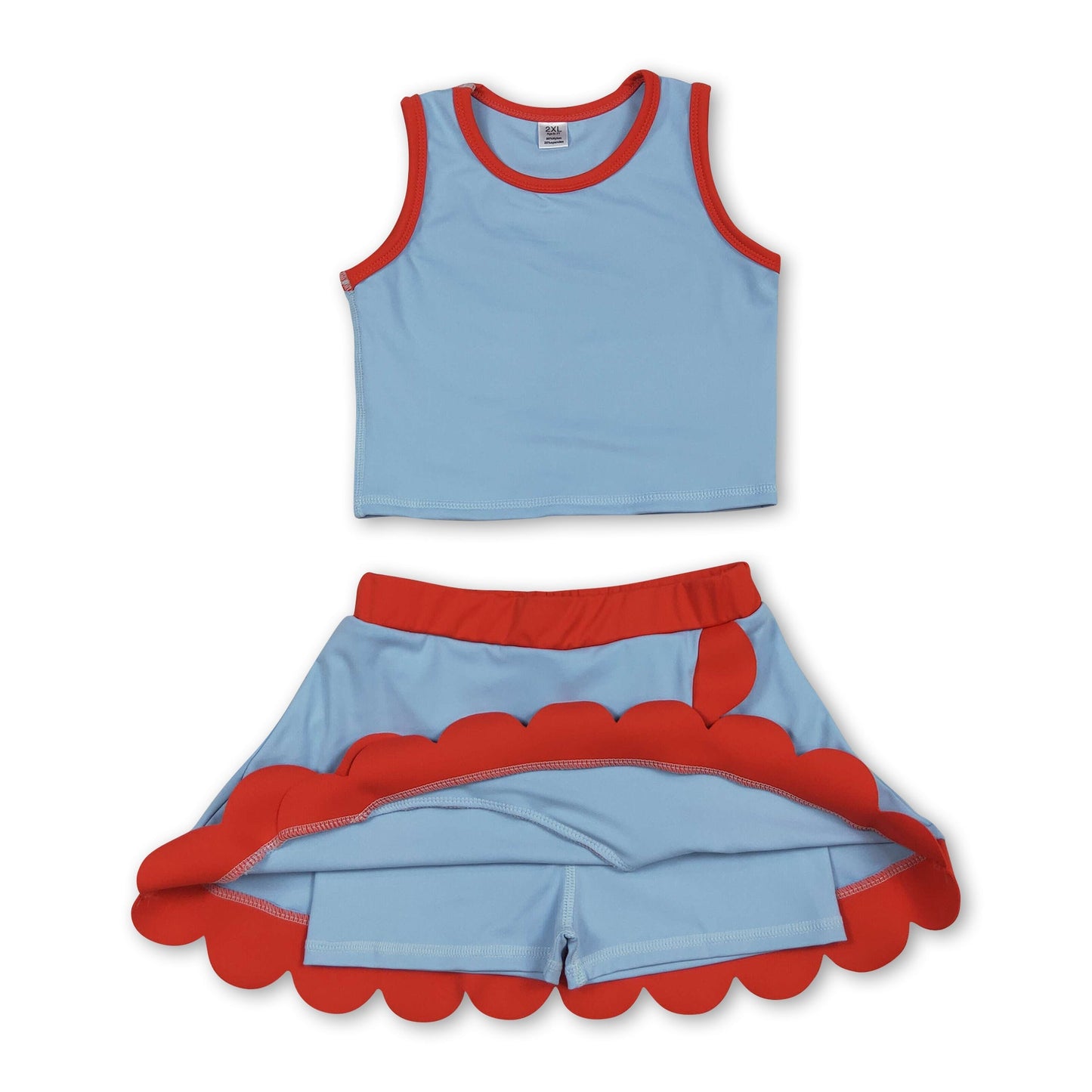 Sleeveless light blue orange scallop kids girls active wear set