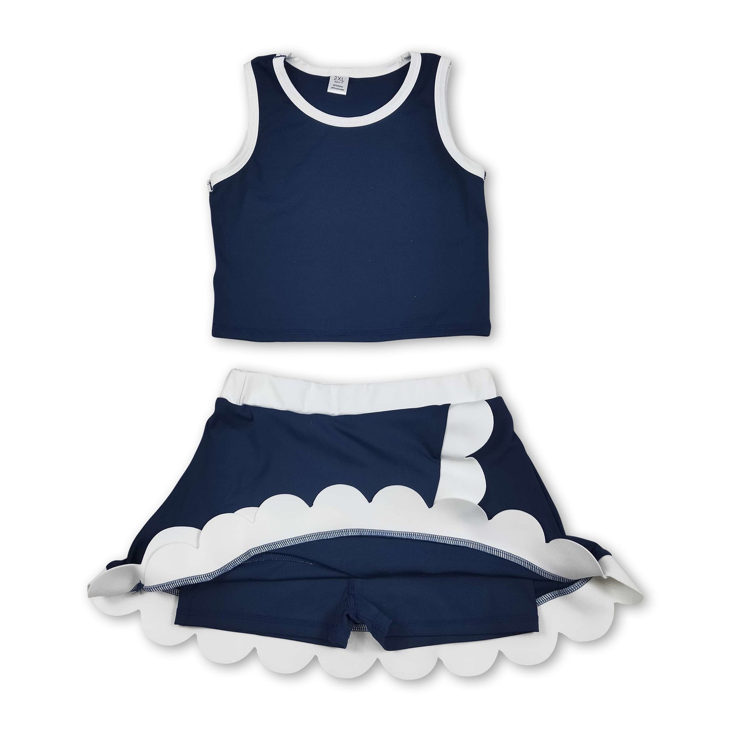 Sleeveless navy white scallop girls team active wear set