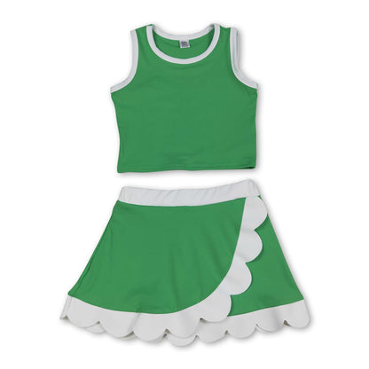 Sleeveless green white scallop kids girls active wear set