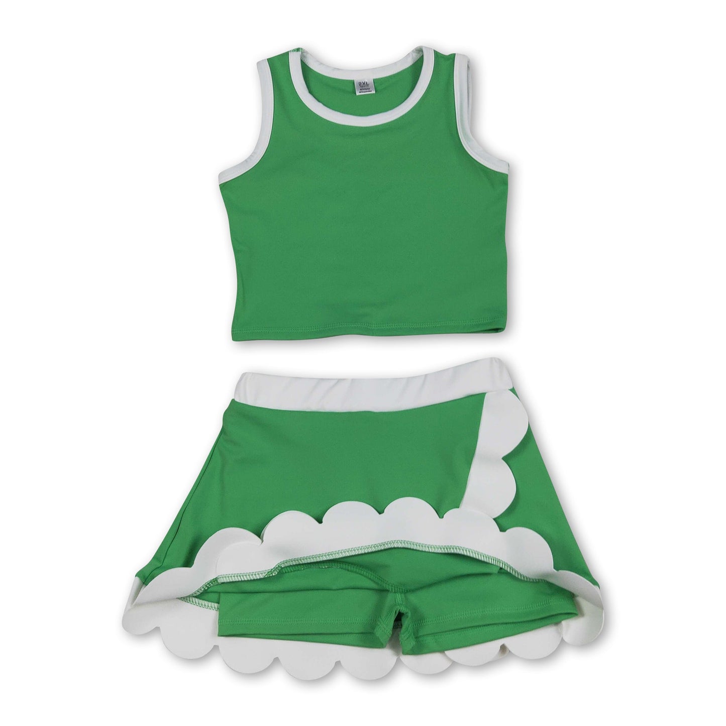 Sleeveless green white scallop kids girls active wear set