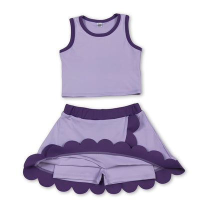 Sleeveless lavender purple scallop kids girls active wear set