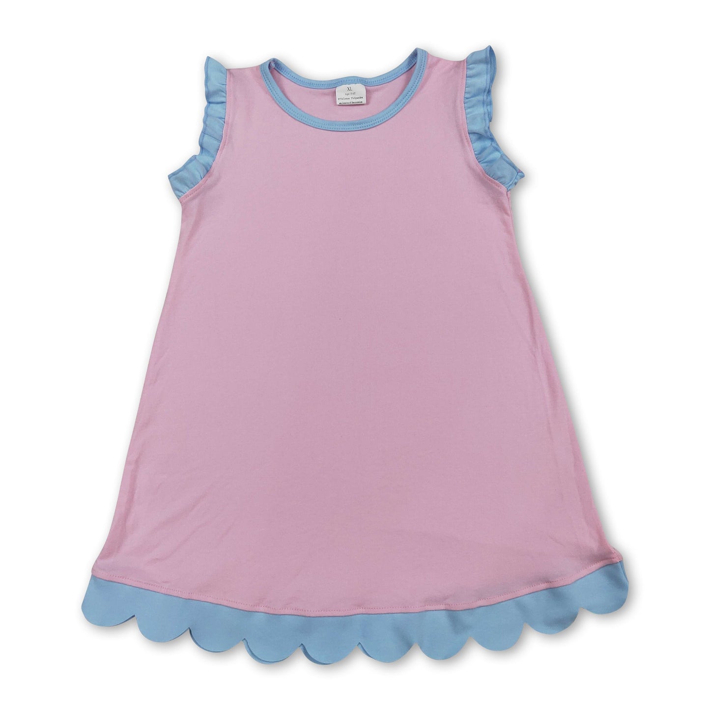 Light blue scallop ruffle sleeveless kids girls cotton dress