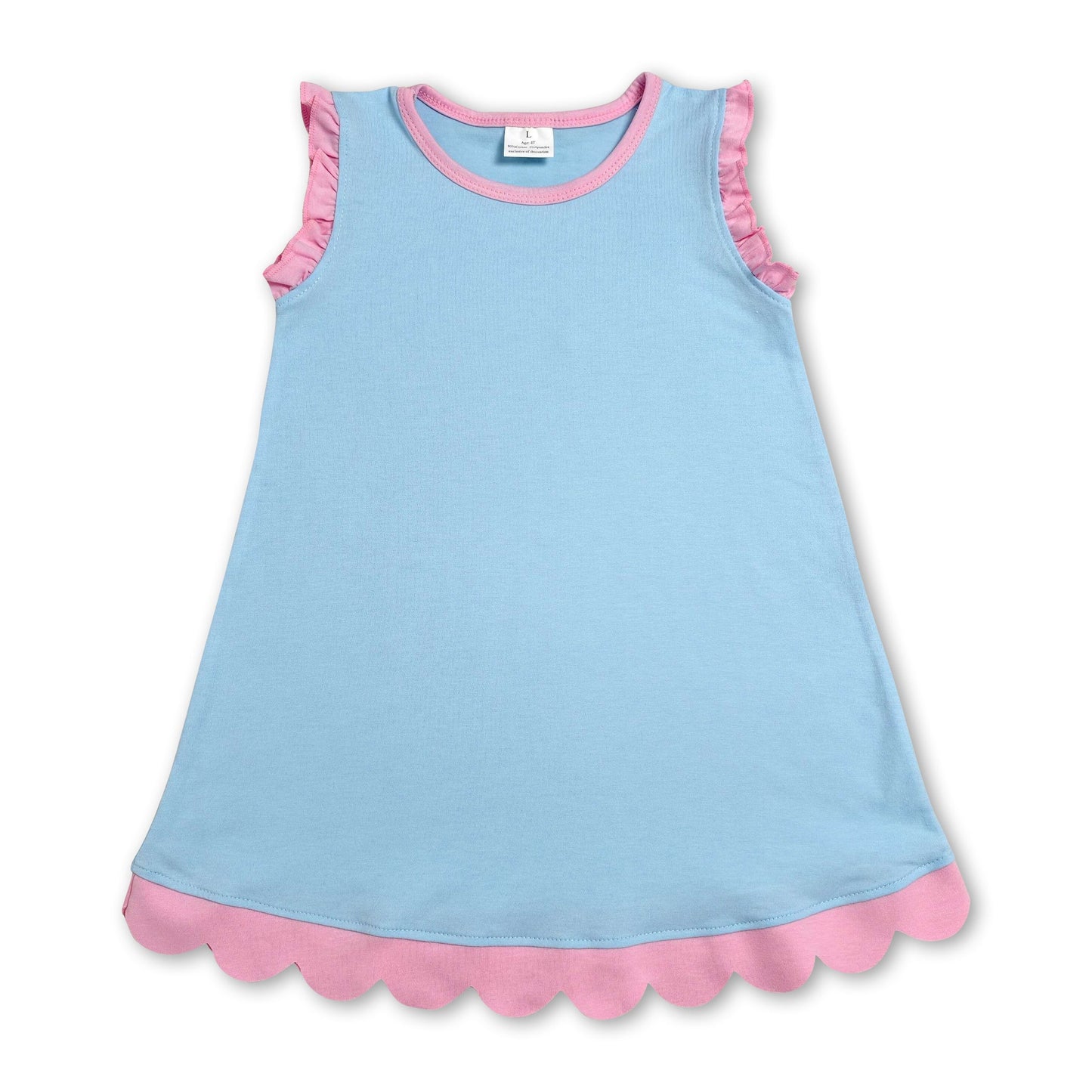 Pink scallop ruffle sleeveless light blue girls cotton dress