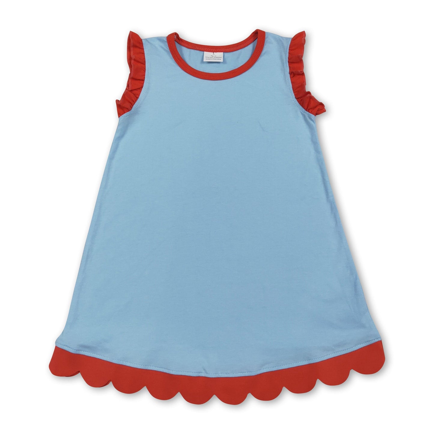 Scallop ruffle sleeveless light blue girls cotton dress
