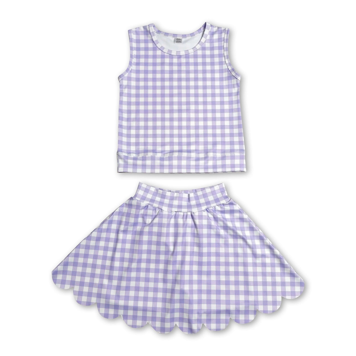 Sleeveless lavender plaid top scallop skirt girls active set