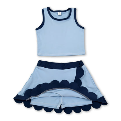 Sleeveless blue dog scallop girls summer active wear set