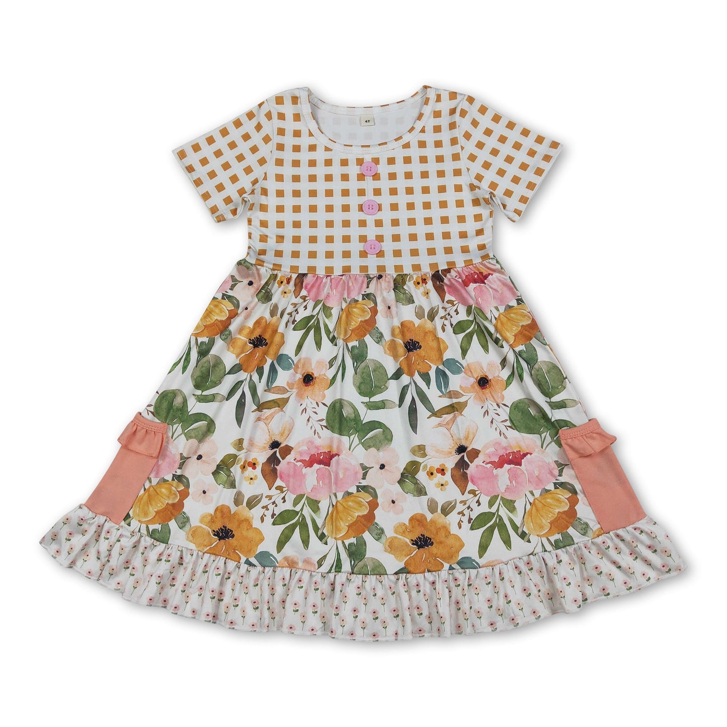Plaid short sleeves pocket ruffle kids girls summer dress