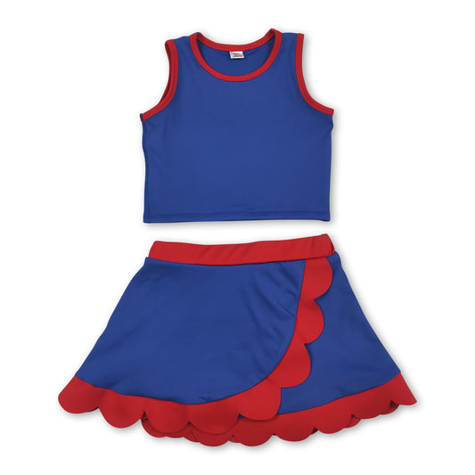 Blue red scallop top skirt girls summer active wear set