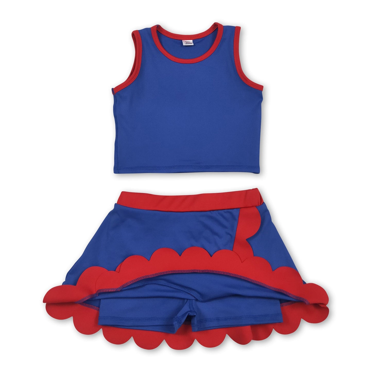 Blue red scallop top skirt girls summer active wear set