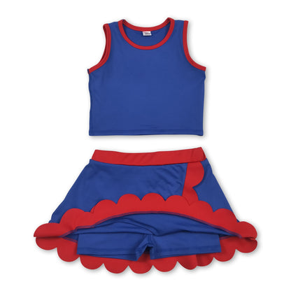 Blue red scallop top skirt girls summer active wear set