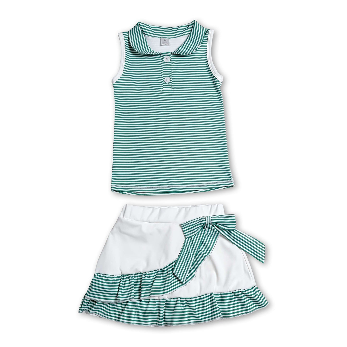 Sleeveless green stripe polo shirt skirt girls team outfits