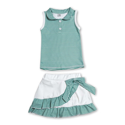 Sleeveless green stripe polo shirt skirt girls team outfits