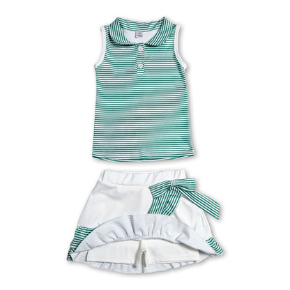 Sleeveless green stripe polo shirt skirt girls team outfits