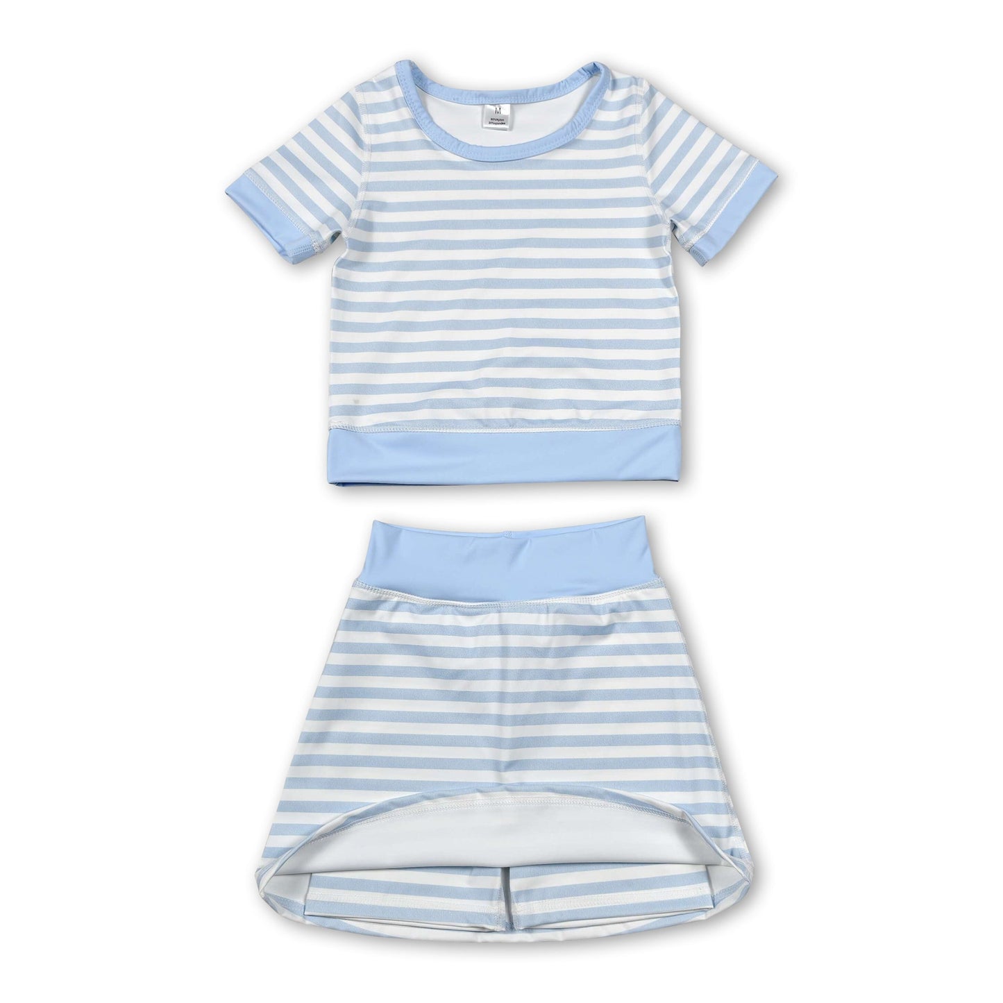 Short sleeves light blue stripe top skirt girls active wear set
